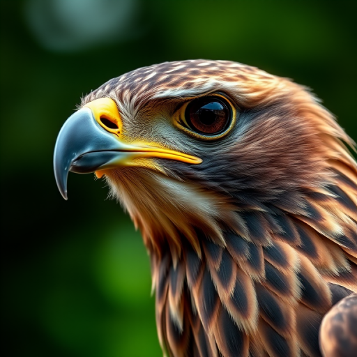 A close-up portrait of a hawk with sharp focus, vibrant colors, and a blurred background, shot with a Canon EOS 5D Mark IV at f/2.8, ISO 100, shutter speed 1/500 sec, with natural soft lighting for enhanced details.
