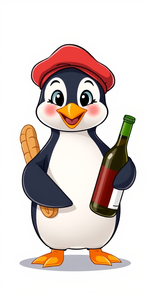 Create a vibrant and playful cartoon illustration of a penguin wearing a beret, holding a baguette in one wing and a bottle of wine in the other, with a clear background, shot in high resolution with a digital camera set to 50mm lens, aperture f/1.8 for depth of field, and vibrant color saturation for enhanced image quality.
