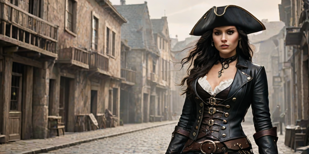Create a portrait of a fierce female pirate. She wears a leather tricorn hat adorned with a skull and crossbones emblem, and her long, dark hair flows around her face. Her outfit consists of a richly detailed leather jacket, a corset, and multiple layers of belts and accessories, giving her a formidable and stylish appearance. She stands confidently in a dimly lit, historic port town, with a backdrop of weathered buildings and cobblestone streets, capturing the adventurous spirit of a pirate.