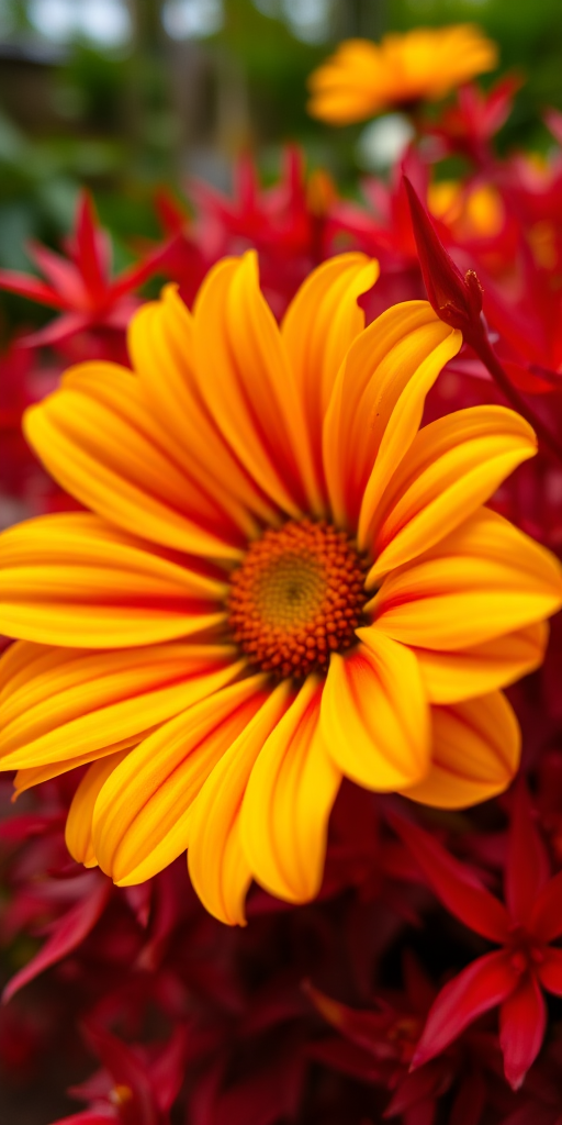 A vibrant close-up of a yellow flower with orange accents surrounded by red foliage, shot with a 50mm lens at f/2.8, ISO 200, 1/200s, using a DSLR camera in natural light for enhanced image quality.