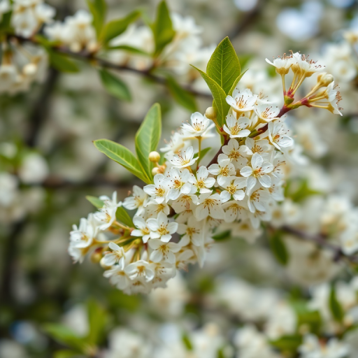 close-up of white flowering branches with green leaves, shallow depth of field, f/2.8 aperture, 50mm lens, ISO 100, natural light, DSLR camera
