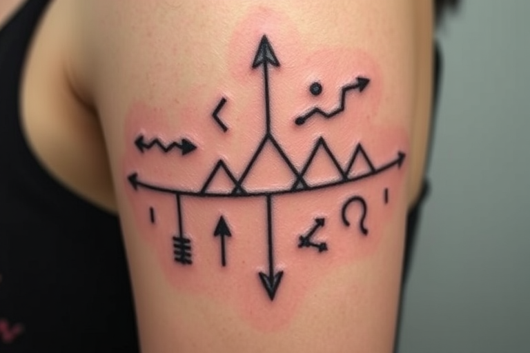 Stick and poke tattoo dubbed "Nomad's Journey" featuring simple, hand-poked designs of arrows, mountains, and constellations arranged in a meaningful pattern
