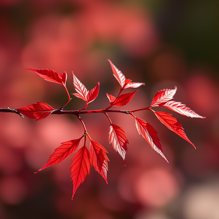 Create a high-resolution image of a delicate red leafy branch on a transparent background, captured with a Canon EOS 5D Mark IV at f/4, ISO 100, with a 50mm lens, using soft natural lighting and a shallow depth of field for enhanced detail and vibrancy.