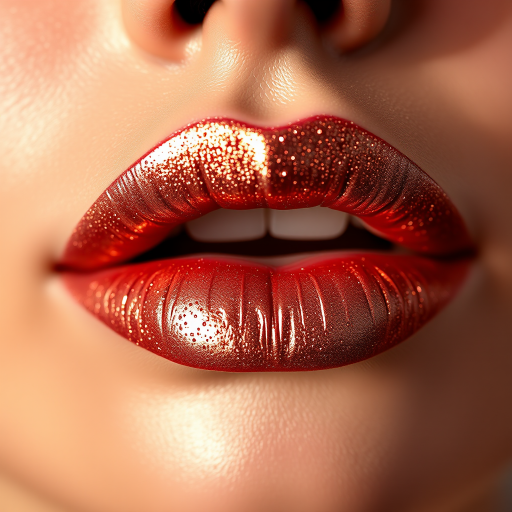 Shimmering rose gold lips glisten with metallic sheen, reflecting light in a mesmerizing display of luxury and sophistication, perfect for glamorous close-up shots