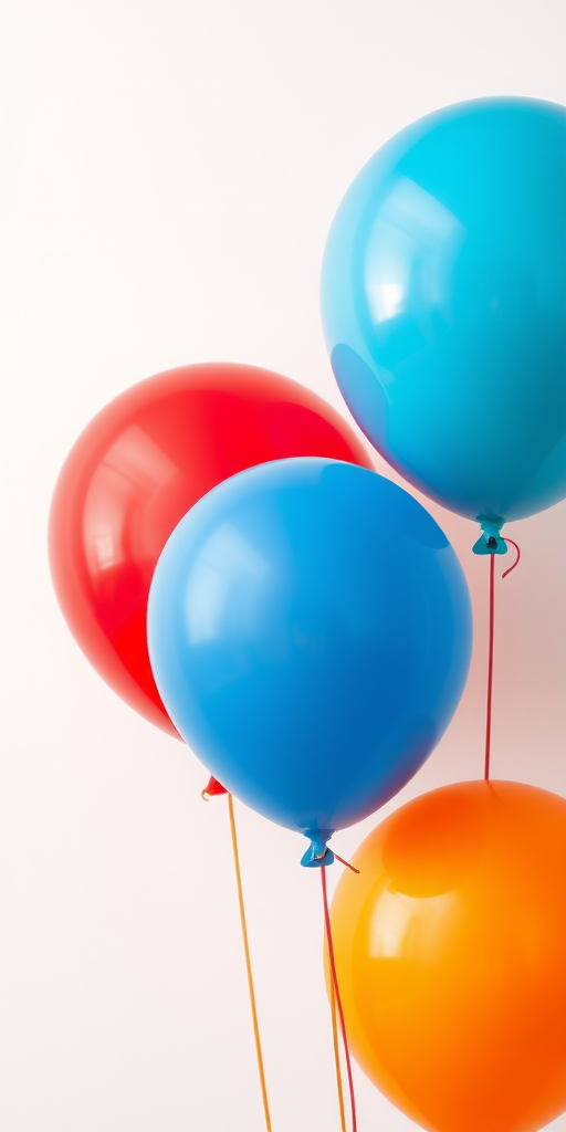 Create a vibrant illustration of three balloons in red, blue, and orange against a plain background, using a Canon EOS R5 with a 50mm lens at f/2.8, ISO 100, 1/200 sec, capturing a close-up view with soft natural lighting to enhance colors and details.