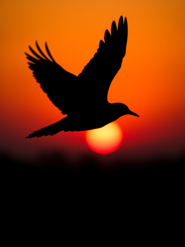 Create a high-resolution image of a silhouette of a bird in flight against a gradient sunset background, using a DSLR camera with a 50mm lens, aperture set to f/2.8, ISO 100, and a shutter speed of 1/2000 seconds, captured from a low angle view to highlight the bird's shape and the vibrant colors of the sky.