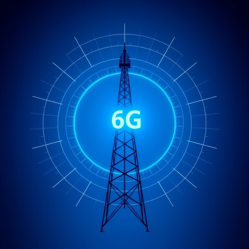 Create a high-resolution graphic of a 6G signal tower surrounded by radiating waves, using a Canon EOS 5D Mark IV with a 24-70mm f/2.8 lens, aperture set to f/8, ISO 100, shot from a central perspective to enhance depth, with a gradient blue background for a modern tech theme.