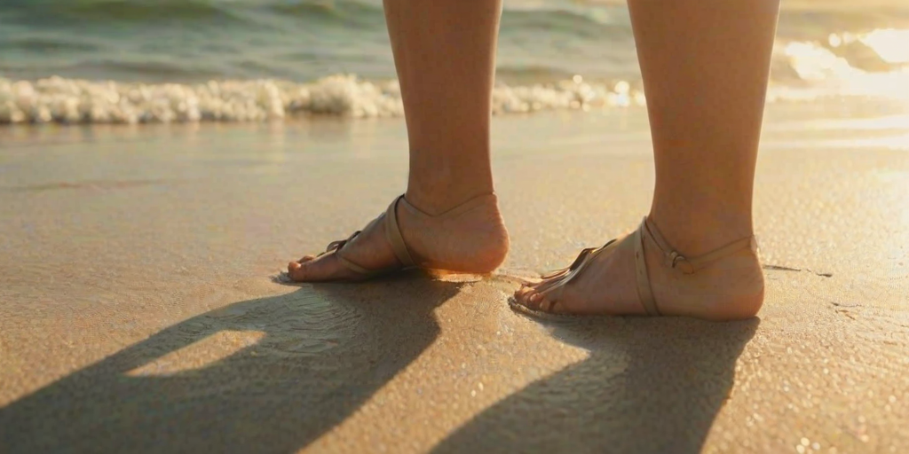 Close-up of a woman’s feet in sandals, standing on a sandy beach, with soft waves lapping at her ankles and a bright sun casting a warm glow over the scene.