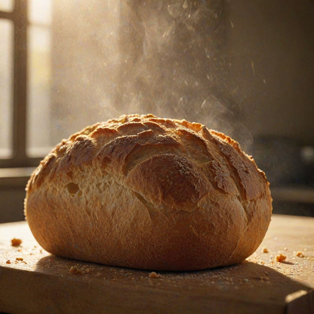 Sharp, high-resolution close-up of a freshly baked loaf of bread, golden crust crackling under the light, soft steam rising from a slice, the smell of warm dough filling the air, sunlight streaming through a nearby window.