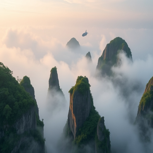 Create a dreamy landscape of towering rock formations emerging from dense fog, with lush greenery on the peaks and a distant airship floating above, shot with a DSLR camera at f/8, ISO 200, shutter speed 1/250, using a wide-angle lens to capture the vastness and atmospheric depth.