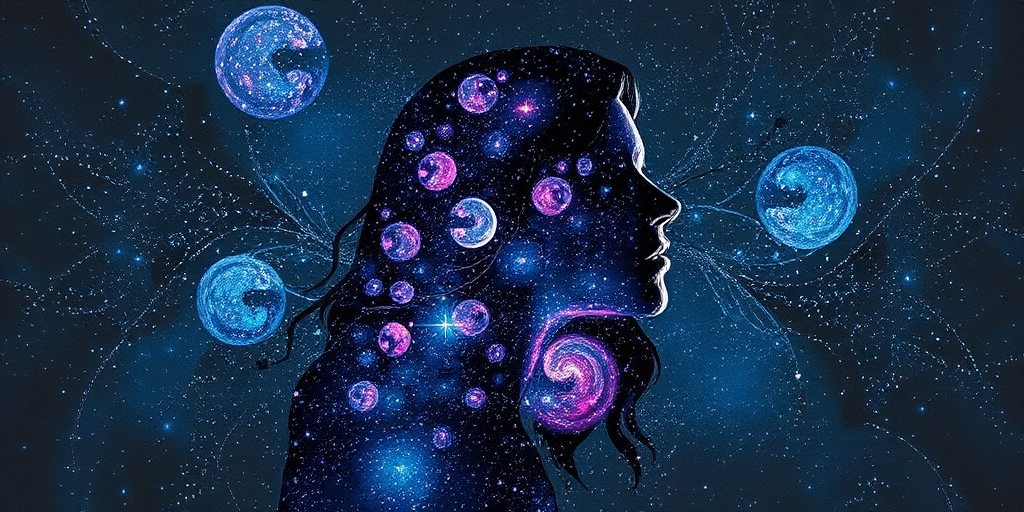 Captivating conceptual render alcohol ink art, double exposure, the paint strokes artfully merge combining a woman's full silhouette with a Joyous jellybean (fish)'s silhouette. The figures are composed of a series of colored dots, lines & spots that evoke the image of a cosmic galaxy, colors are deep shades of blue purple & black with flashes of white & silver representing distant stars. The woman's silhouette is formed within the lion's silhouette from constellations of scattered stars, surreal