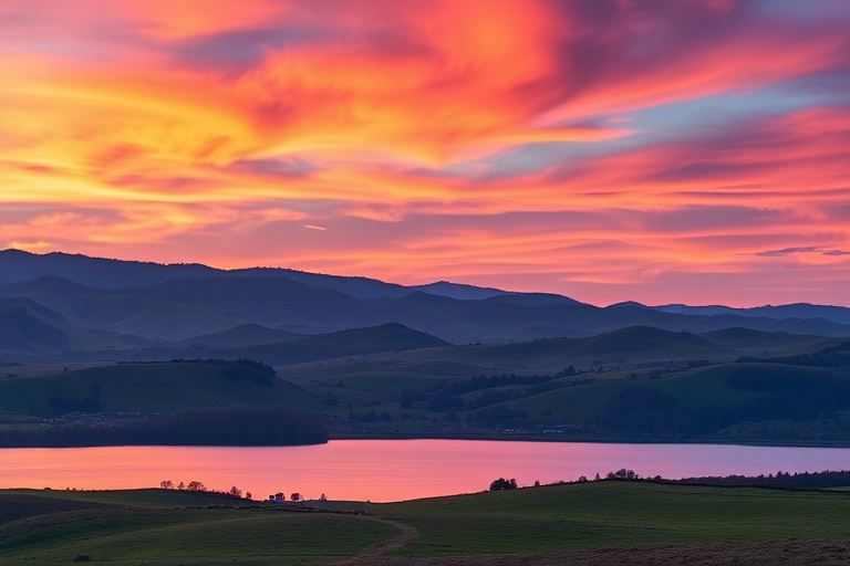 A serene landscape at sunset with vibrant colors in the sky, showcasing rolling hills and a calm lake reflecting the hues, shot with a DSLR camera at f/8, ISO 100, 1/125s, 24mm wide-angle lens from a panoramic view.