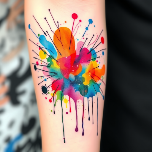Watercolor splatter tattoo incorporating vibrant bursts of color and dynamic drips, creating an abstract representation of emotions or music through a chaotic yet harmonious blend of hues