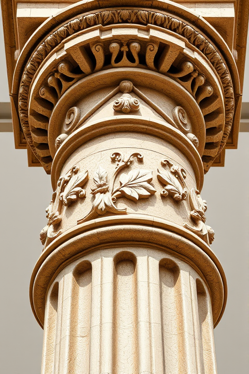 Create a high-resolution detailed illustration of an ornate column with a carved floral and grapevine design, shot with a DSLR camera at f/8, ISO 100, 50mm lens, top-down view, in natural light to enhance clarity and texture.