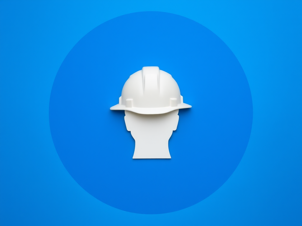 Create a high-resolution image of a white silhouette of a person's head wearing a hard hat centered in a blue circular background, shot with a Canon EOS R5 camera at f/8, ISO 100, 1/250s, using a macro lens and a flat lay perspective for sharp details and vibrant colors.