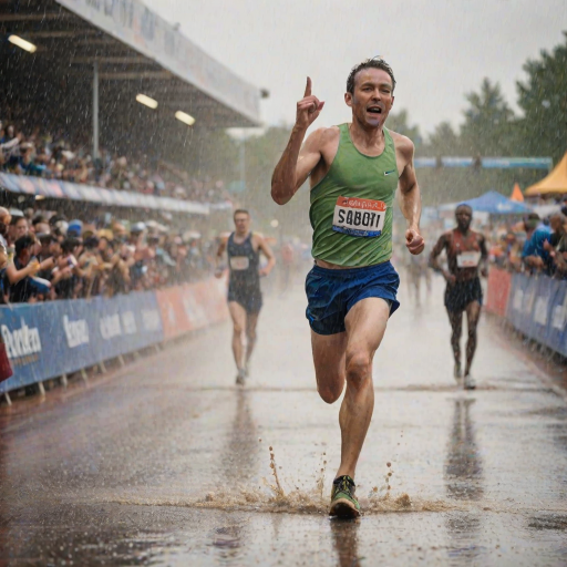 Blurry action shot of a runner crossing a finish line in the rain, water spraying up from their shoes, with soft light from the stadium casting long shadows and cheering spectators blurred in the background.