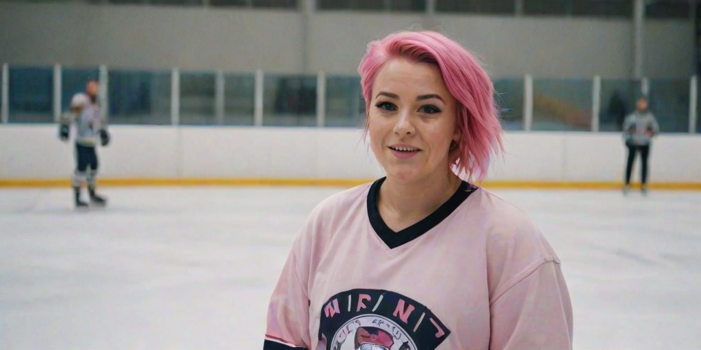 portrait of a Woman, she is posing in an ice rink, wearing a oversized hockey shirt, she has pink hair