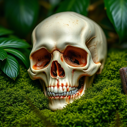 A detailed close-up of a realistic human skull resting on a bed of lush green moss surrounded by tropical foliage, taken with a Canon EOS R5 camera, 100mm f/2.8 macro lens, f/5.6 aperture, ISO 100, and 1/200 sec shutter speed, with soft natural lighting to enhance textures and depth.