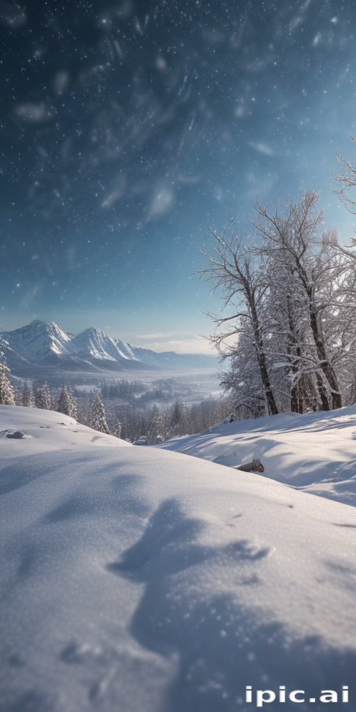 A Serene Winter Landscape with Snow-Covered Trees and Majestic Mountains.