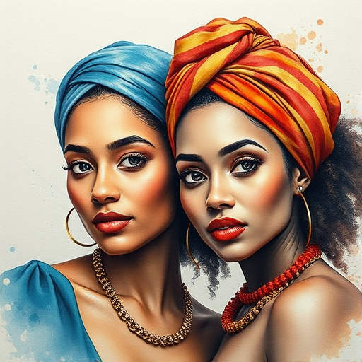 Create an artistic portrait of two women with natural hair, one wearing a headwrap, in a watercolor style on textured paper, shot with a Canon EOS R5 at f/2.8, ISO 100, 50mm lens, soft focus background with vibrant colors and intricate details.
