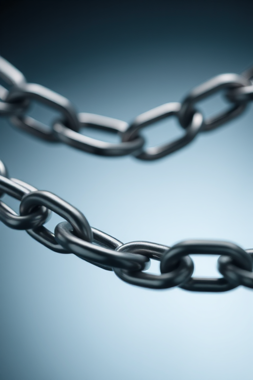Create a high-resolution image of metallic chains interconnected with a smooth gradient background, utilize a DSLR camera with a 50mm lens, f/1.8 aperture, ISO 100, focus on a macro view to capture texture and reflections.