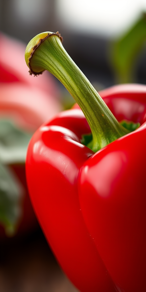 Create a highly detailed and realistic image of a red bell pepper, utilize a Canon EOS 5D Mark IV camera, aperture set to f/2.8, ISO 100, and a 50mm lens in a close-up shot with soft focus background to enhance image quality.