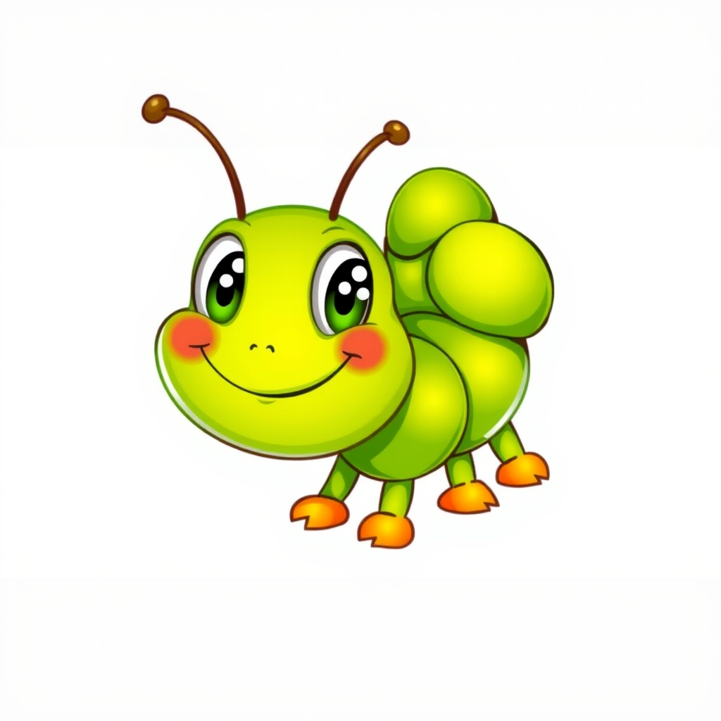 Create a vibrant illustration of a friendly green caterpillar with a cheerful expression on a white background, using a digital art style, with high-resolution settings, 300 DPI, in a close-up view to enhance color depth and detail.
