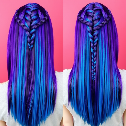 Deep purple hair with electric blue streaks forms the dramatic "Cosmic Fusion" look. The long, straight locks are styled with a glass-like finish, creating a sleek, futuristic appearance. A section of hair is braided tightly against the scalp in an intricate geometric pattern, adding texture and interest to this bold, otherworldly style.