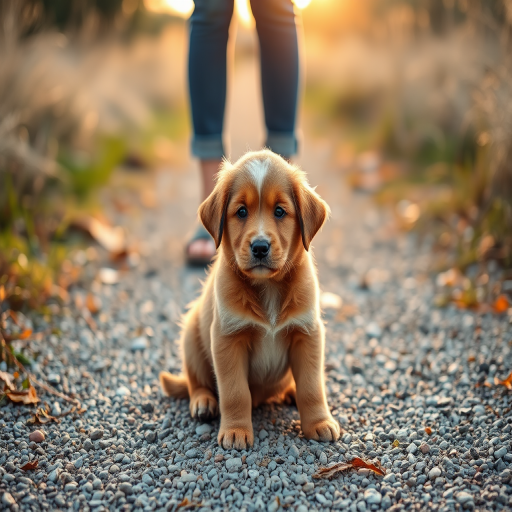 a playful puppy sitting on a gravel path with a person standing above it, wearing denim jeans and clogs, shallow depth of field, soft natural lighting, 50mm lens, f/1.8 aperture, ISO 200, 1/200s shutter speed, outdoor setting at golden hour
