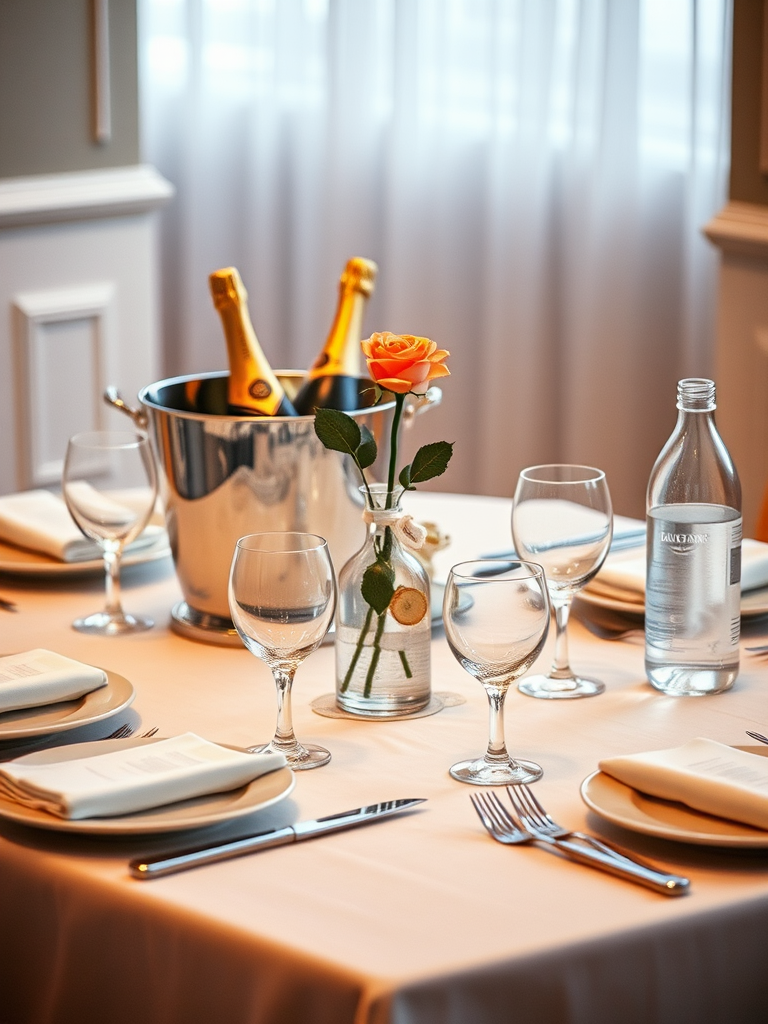 Generate a high-quality image of a beautifully set dining table with four place settings, a silver ice bucket with champagne bottles, a single rose in a vase, and a water bottle, using a DSLR camera with a 50mm lens at f/2.8, ISO 100, and a soft-focus background to enhance the warm ambiance.