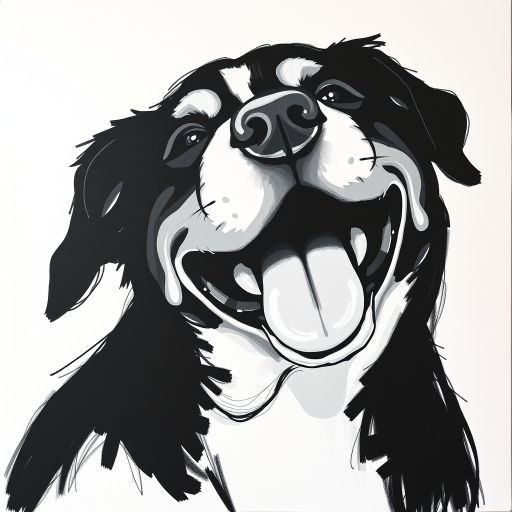 Abstract black and white acrylic portrait of an over exaggerated laughing (dog). Minimalism style. White background.