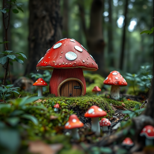 Generate a whimsical forest scene featuring a large red mushroom house with white spots, smaller mushroom houses nearby, surrounded by lush greenery, captured with a Canon EOS R5, 50mm lens, f/1.8 aperture, ISO 200, natural lighting, and a slight depth of field effect for enhanced image quality.