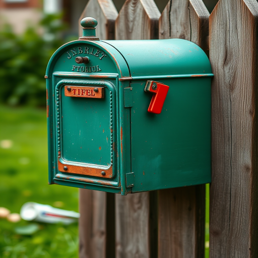 Generate an image of a vintage green mailbox mounted on a wooden fence, showing rich textures and vibrant colors, taken with a DSLR camera at f/4 aperture, ISO 100, 50mm lens, and a soft focus background to enhance depth.