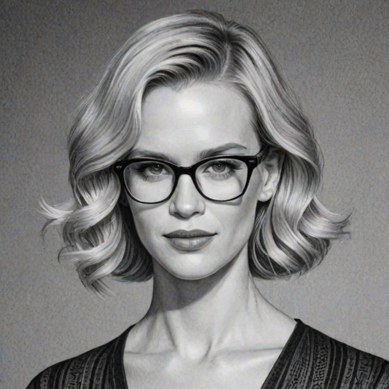 Elegant January Jones, pencil sketch, portrait of Enchanting woman 1921s in glasses, hair style beatnik, outline, clear lines, fine lines, 8k