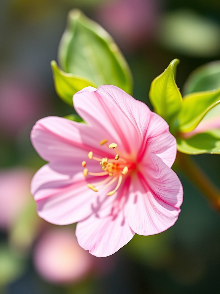 Generate a high-resolution watercolor illustration of a delicate pink flower with soft petals and green leaves, using a Canon EOS 5D Mark IV, 50mm f/1.8 lens, aperture set to f/2.8, natural light, and a shallow depth of field for a dreamy effect.