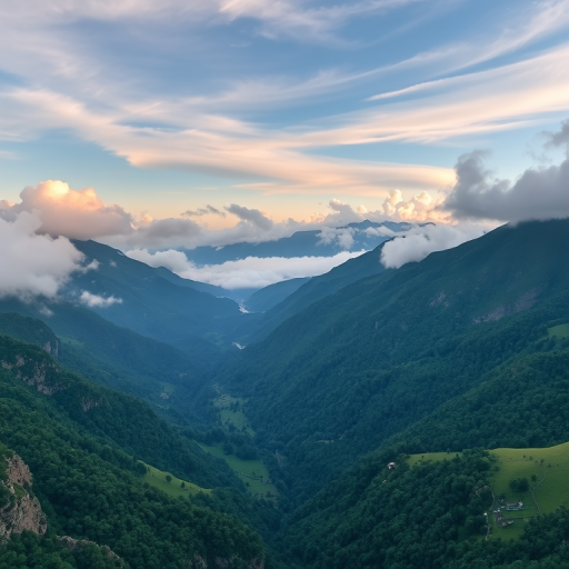 Generate a high-resolution landscape image of majestic mountains with lush green valleys and misty clouds, taken from a drone view using a Canon EOS R5 with a 24-70mm lens at f/8, ISO 100, and a shutter speed of 1/125 sec in early morning light for enhanced detail and clarity.