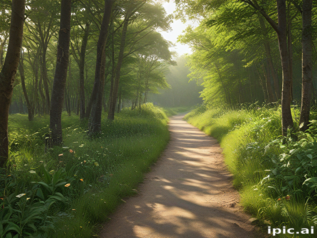 Serene Pathway Through Lush Green Forest Under Soft Morning Light