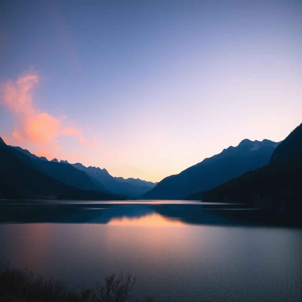high-resolution image of a scenic landscape at sunrise with mountains in the background and a calm lake in the foreground, ISO 100, f/8, 1/200s, 24mm lens, wide-angle view, DSLR camera, natural lighting