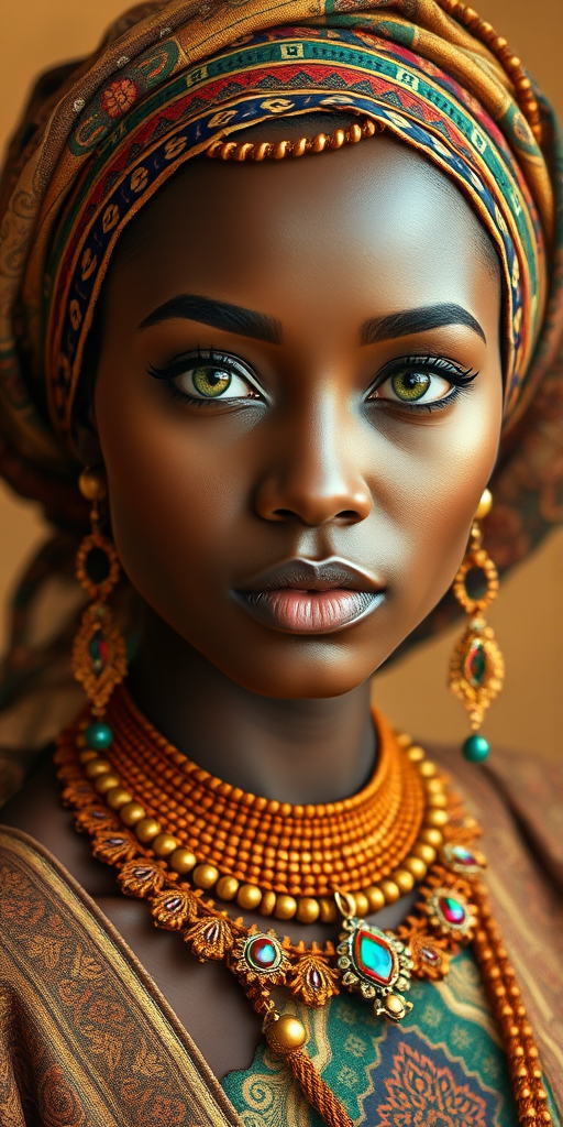 Create a portrait of a beautiful Igbo woman with striking green eyes and a gentle expression. She is adorned in traditional attire with intricate patterns, including a richly embroidered headscarf and matching garments. Her jewelry includes a delicate headpiece, dangling earrings, and ornate bracelets, all featuring vibrant gemstones and detailed metalwork. The background is soft and warm, enhancing the rich colors of her outfit and jewelry.