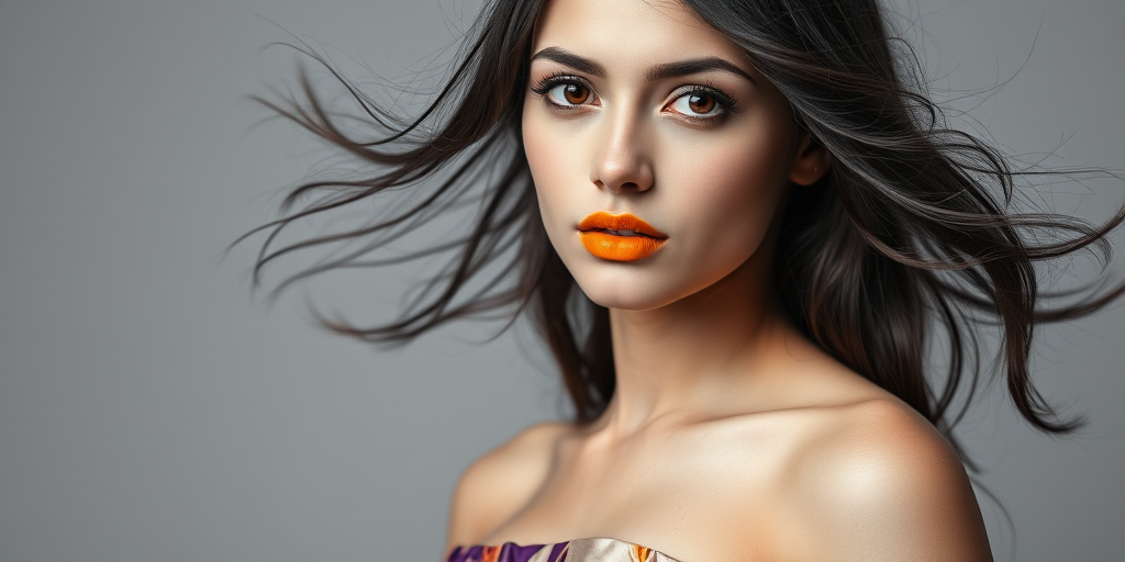 Photographic image of a beautiful young Kurdish woman, orange eyes, lips with Yellow lipstick, long hair fluttering in the wind and wearing a silk strapless dress with a soft purple and orange print. monochrome image with only color highlights in the iris of the eyes, lipstick and dress. Gray background.
