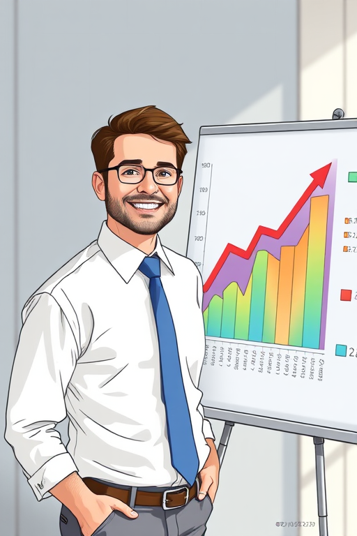 Create a high-resolution illustration of a cheerful businessman in a white shirt and blue tie standing next to a presentation board with a colorful upward-trending graph, using a DSLR camera with a 50mm lens, f/2.8 aperture, ISO 100, shot in natural light from a slight overhead angle for a professional look.