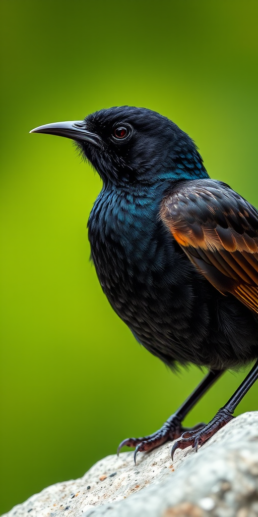 capture a close-up of a starling perched on a rock with a blurred green background, using a DSLR camera with a 100mm lens, aperture f/4, ISO 200, shutter speed 1/500 sec, natural lighting, sharp focus on the bird's feathers