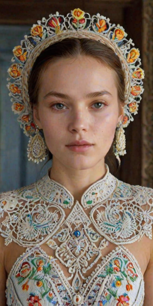 Face, shoulders, chest covered in openwork Ukrainian embroidery. Raw, unedited image.