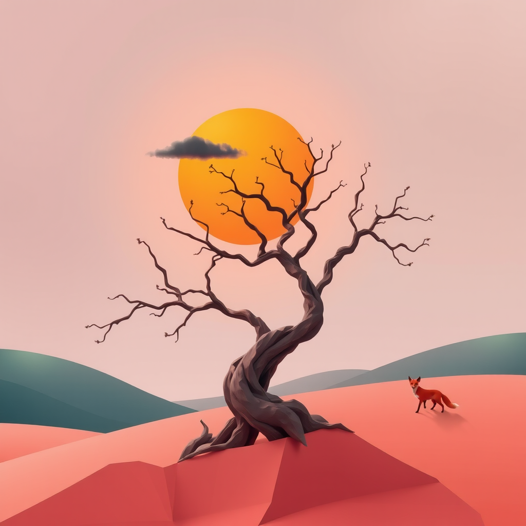3D Geo-abstract landscape pastel muted colours. abstract tree with twisted contorted trunk. round vivid orange opaque sun in sky with single dark cloud. tiny fox. Topaz Look filter applied plus Topaz edge. Generative fill with some objects in PS.