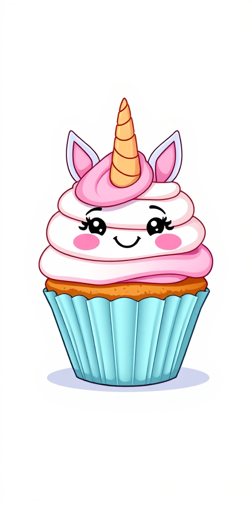 Create a colorful cartoon illustration of a smiling unicorn cupcake with pastel frosting, positioned in the center of a plain white background, captured with a DSLR camera at f/2.8 aperture, ISO 100, and a 50mm lens for a shallow depth of field and vibrant colors.