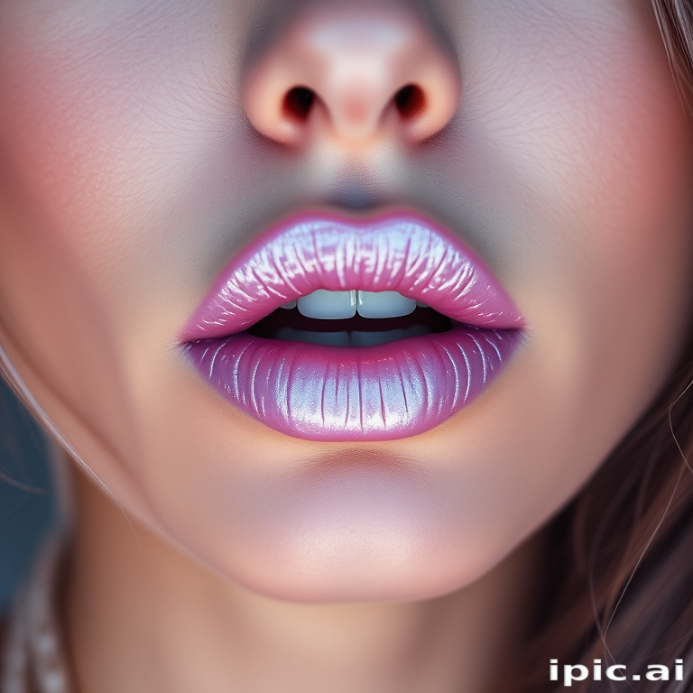 Ethereal woman lips enhanced with pearlescent lavender gloss, full face capture evoking mystical aura and otherworldly beauty