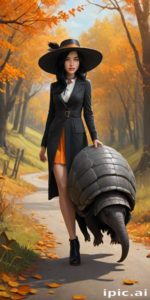 digital art fantasy depicting a strange girl with black hair, long eyelashes, orange lipstick and a tall hat walking along a winding road on an autumn afternoon, an armadillo smiles as he passes