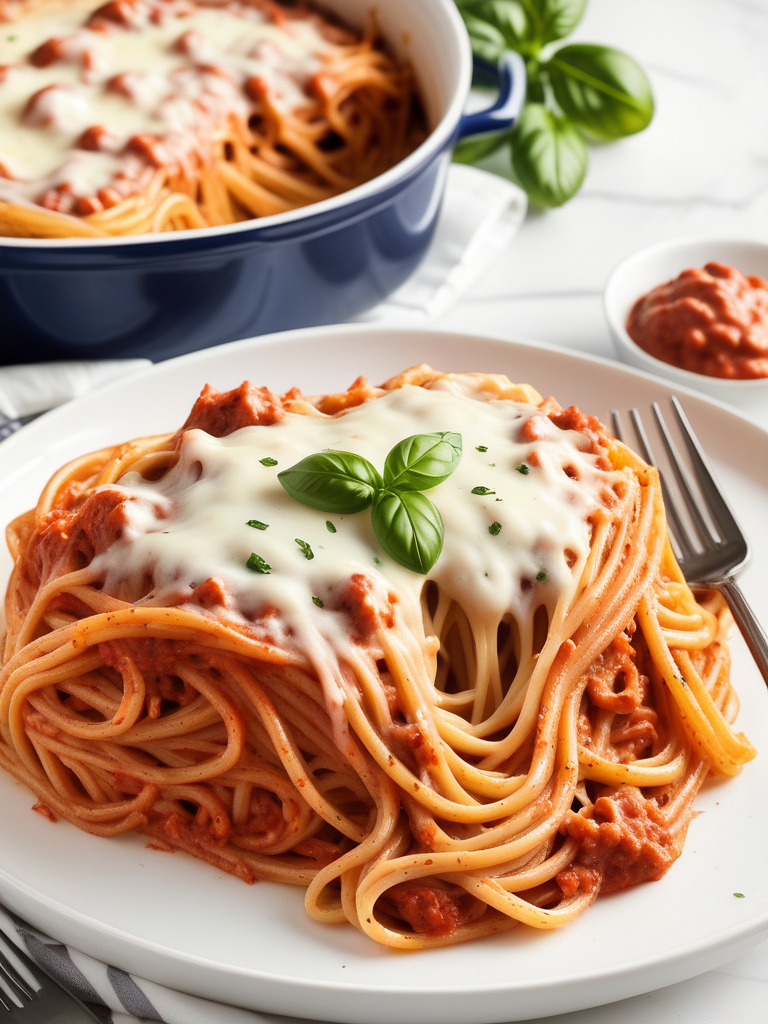 baked spaghetti with alfredo and red sauce