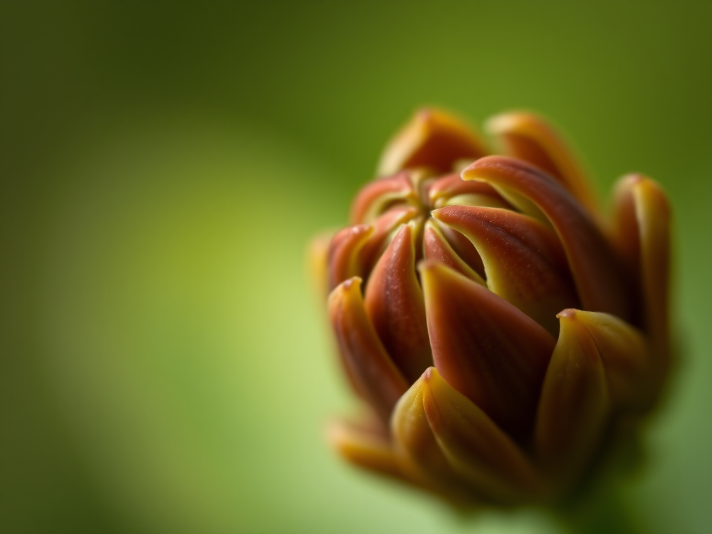 macro shot of a brown flower bud with green leaves, shallow depth of field, f/2.8 aperture, 100mm lens, ISO 200, natural light, DSLR camera, soft focus background