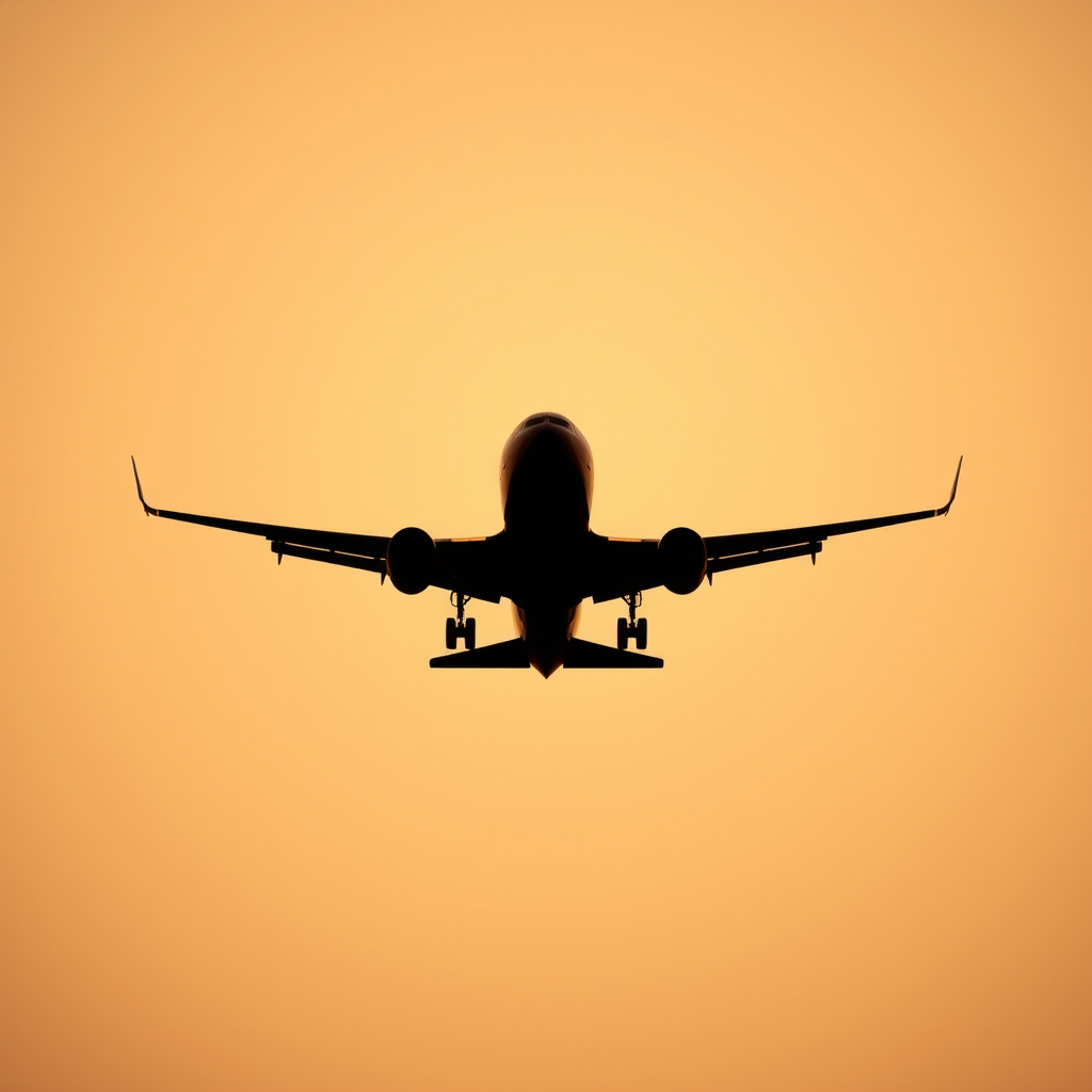 Create a high-resolution image of a silhouette of an airplane against a light background, using a DSLR camera with a 50mm lens, aperture set to f/8, shutter speed 1/250s, ISO 100, shot from a slightly low angle to emphasize the aircraft shape and details.